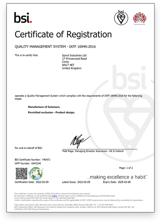 SPIROL UK's IATF 16949 Certification